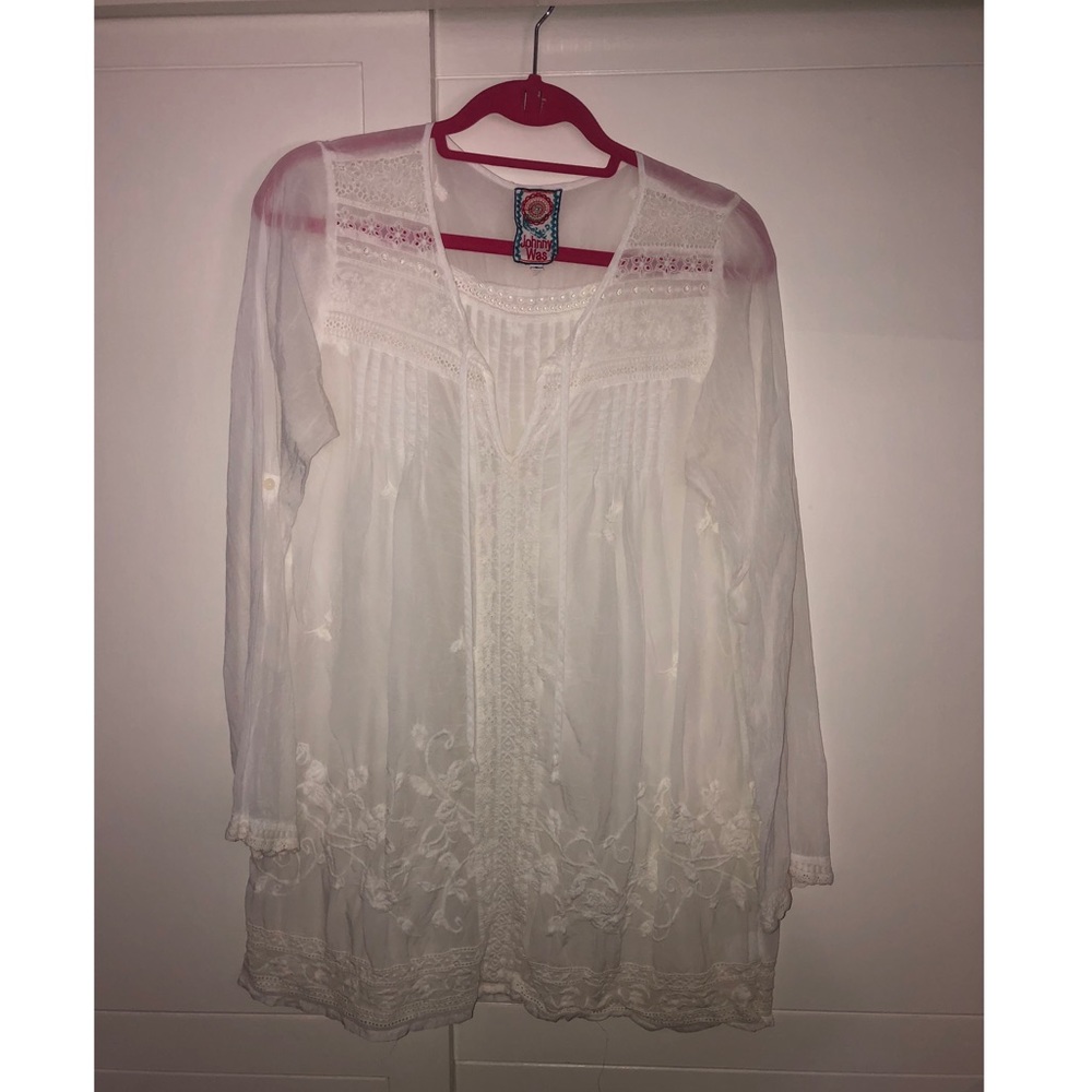 White Embroidered Johnny Was Blouse